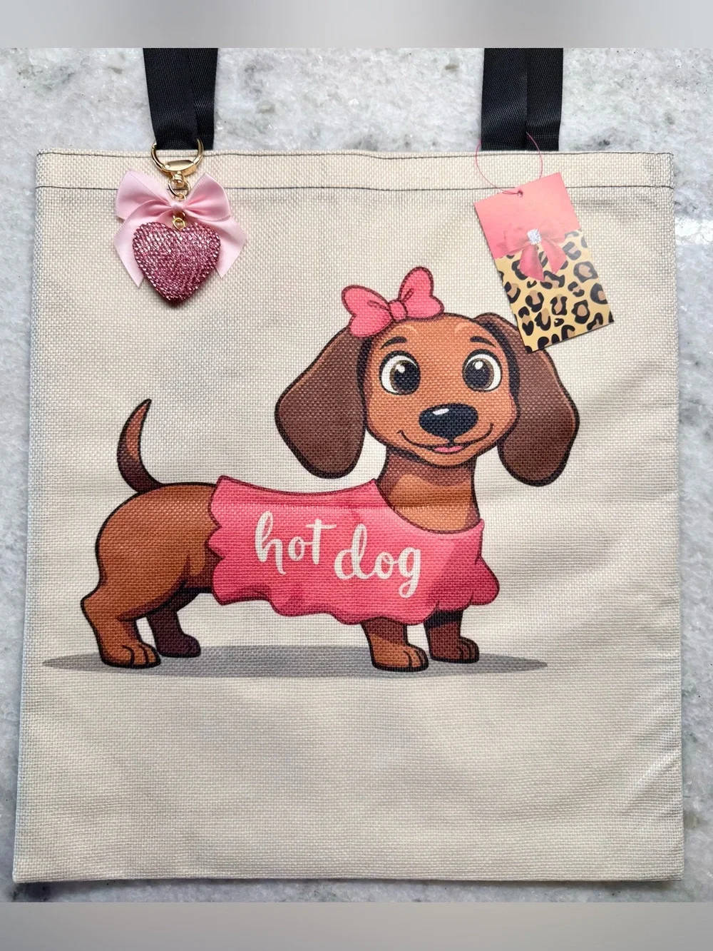 New Adorable Hot Dog Dachshund Shopping Bag Purse Tote w/ Pink Charm - 15.75”